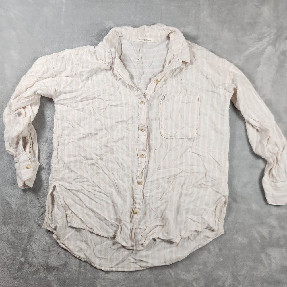 Becool Beachy Striped Button Up Blouse Top Long Sleeve Beige White Women's S/M